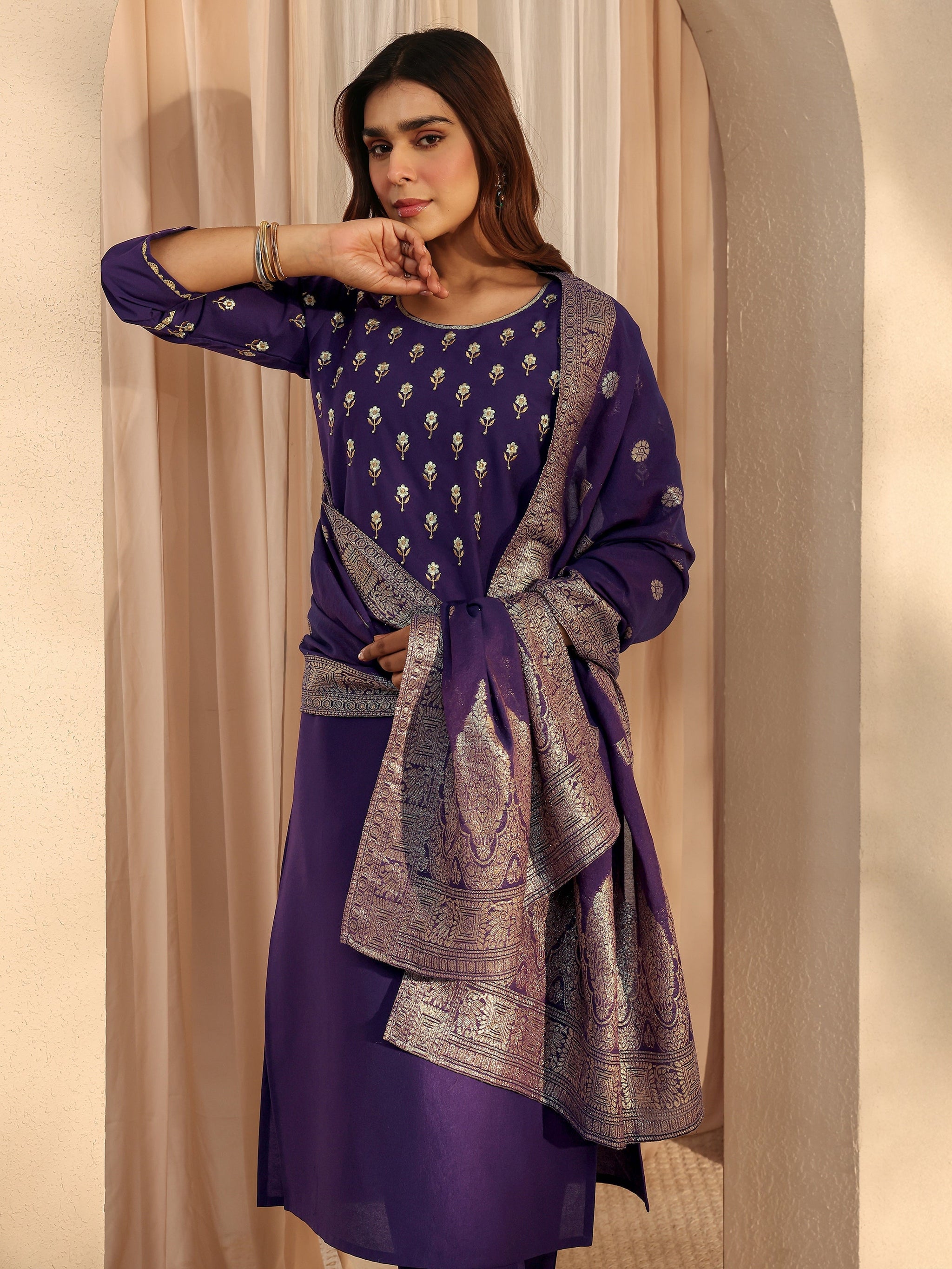Libas Purple Floral Embroidered Silk Blend Straight Suit Set With Dupatta