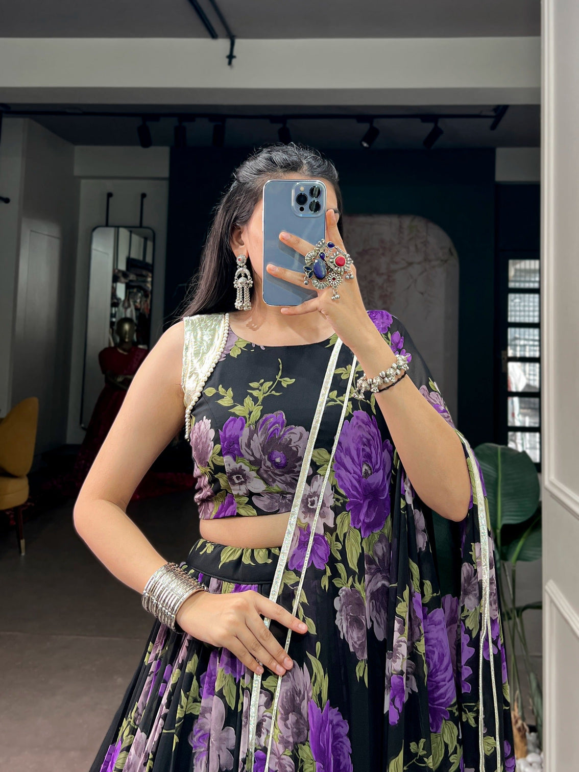 Purple Floral Print Lehenga Choli