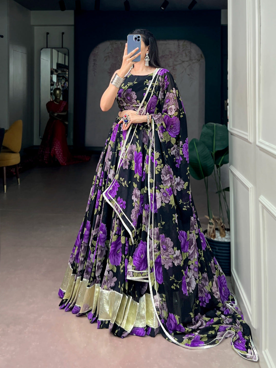 Purple Floral Print Lehenga Choli