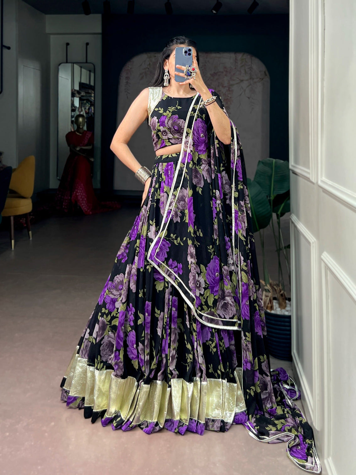 Purple Floral Print Lehenga Choli