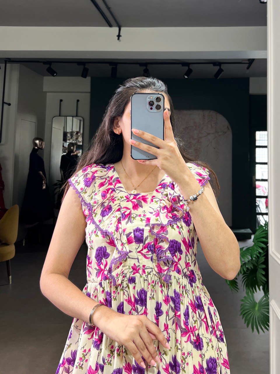 Purple Floral Print Maslin Silk Stitched Frock with 4-Meter Flair & Micro Crepe Lining
