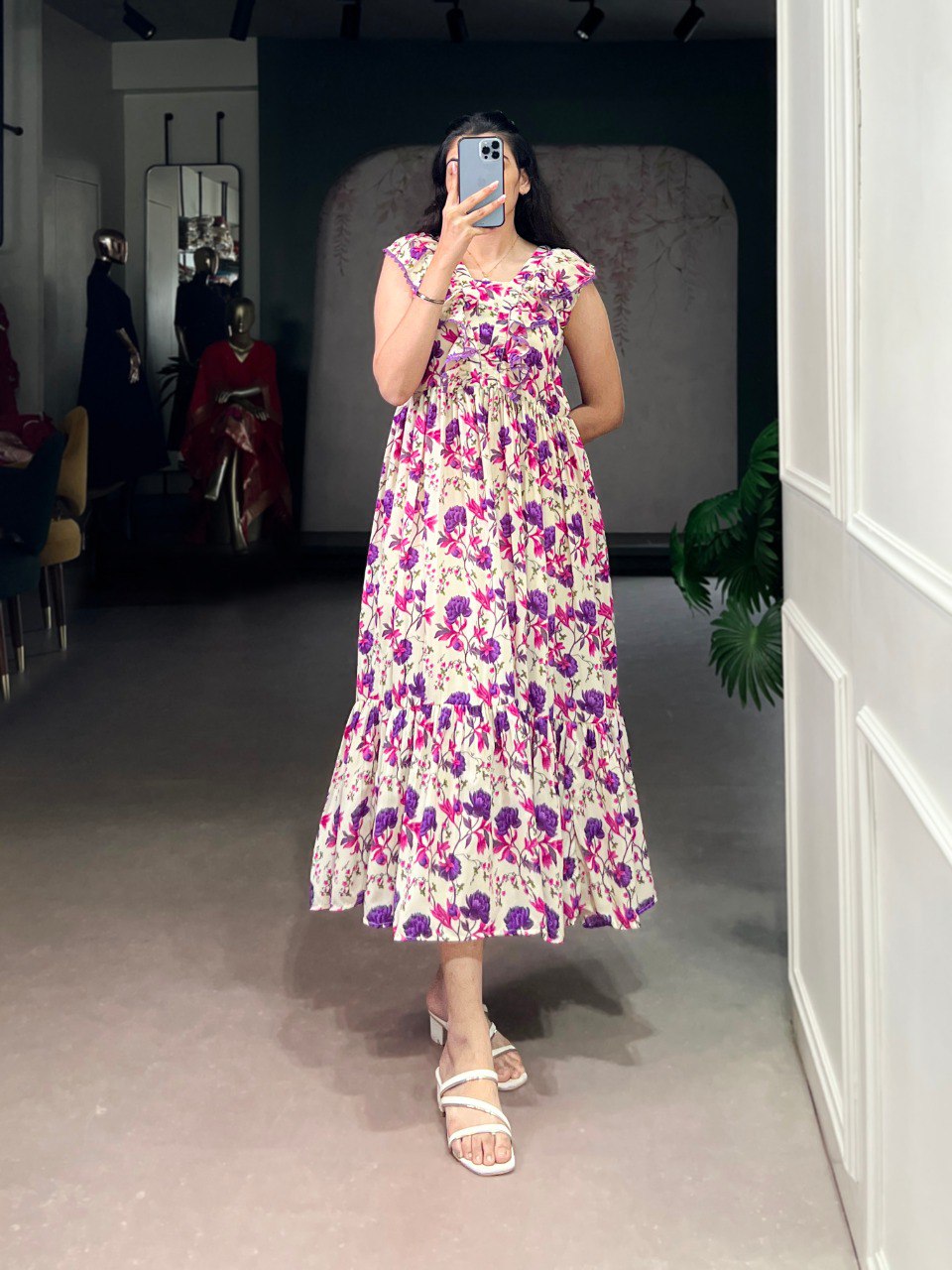 Purple Floral Print Maslin Silk Stitched Frock with 4-Meter Flair & Micro Crepe Lining