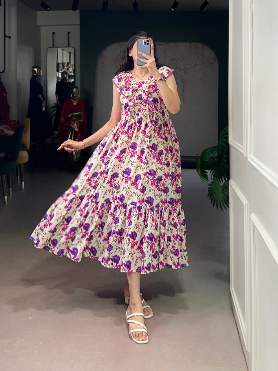Purple Floral Print Maslin Silk Stitched Frock with 4-Meter Flair & Micro Crepe Lining