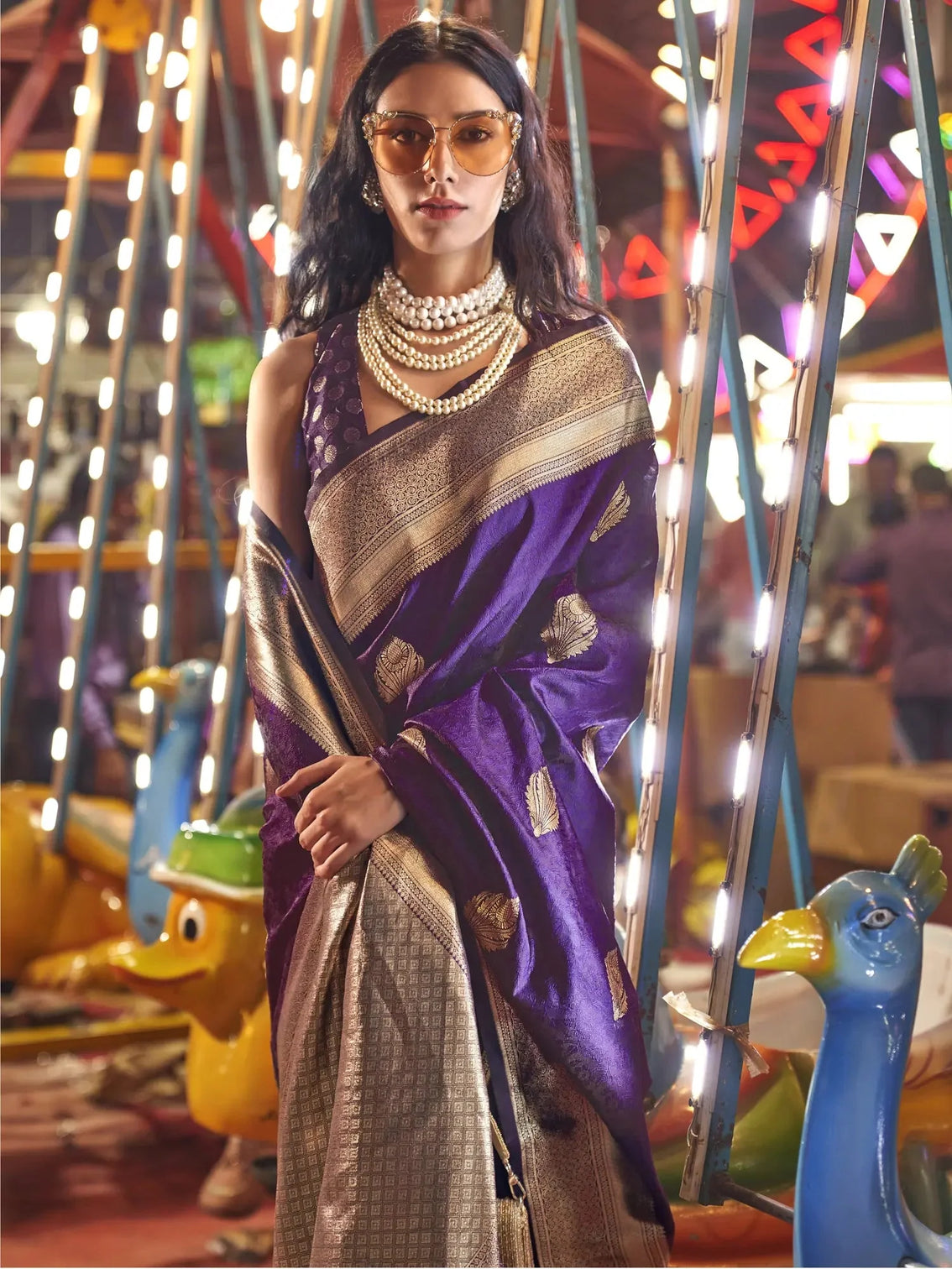 Purple Floral Printed Banarasi Silk Saree with Zari Woven Pallu
