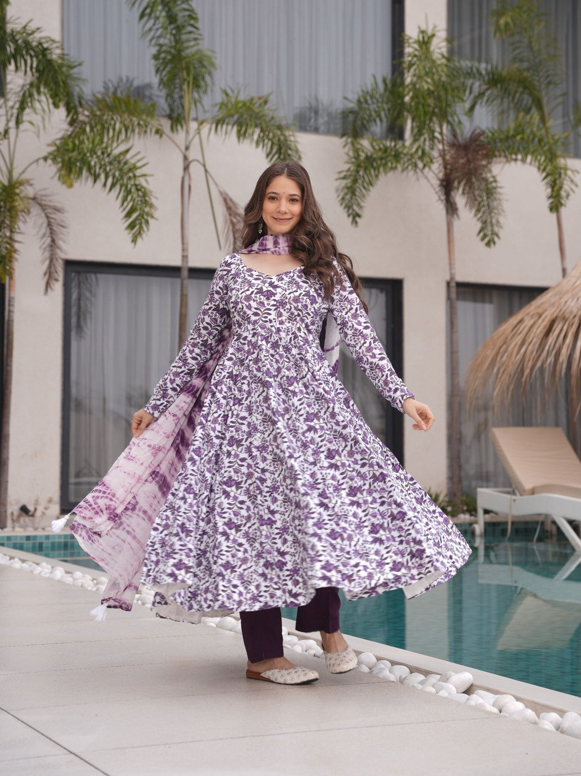 Purple Floral Printed Pure Cotton Suit Set with Faux Georgette Dupatta & Tassel Detailing