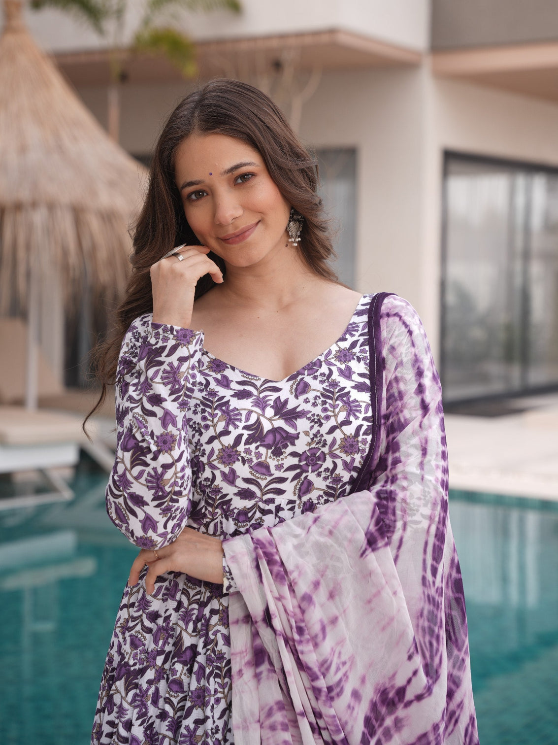 Purple Floral Printed Pure Cotton Suit Set with Faux Georgette Dupatta & Tassel Detailing