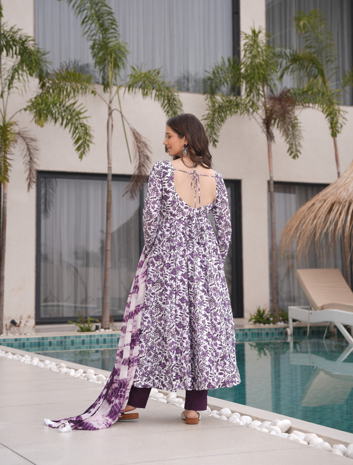 Purple Floral Printed Pure Cotton Suit Set with Faux Georgette Dupatta & Tassel Detailing