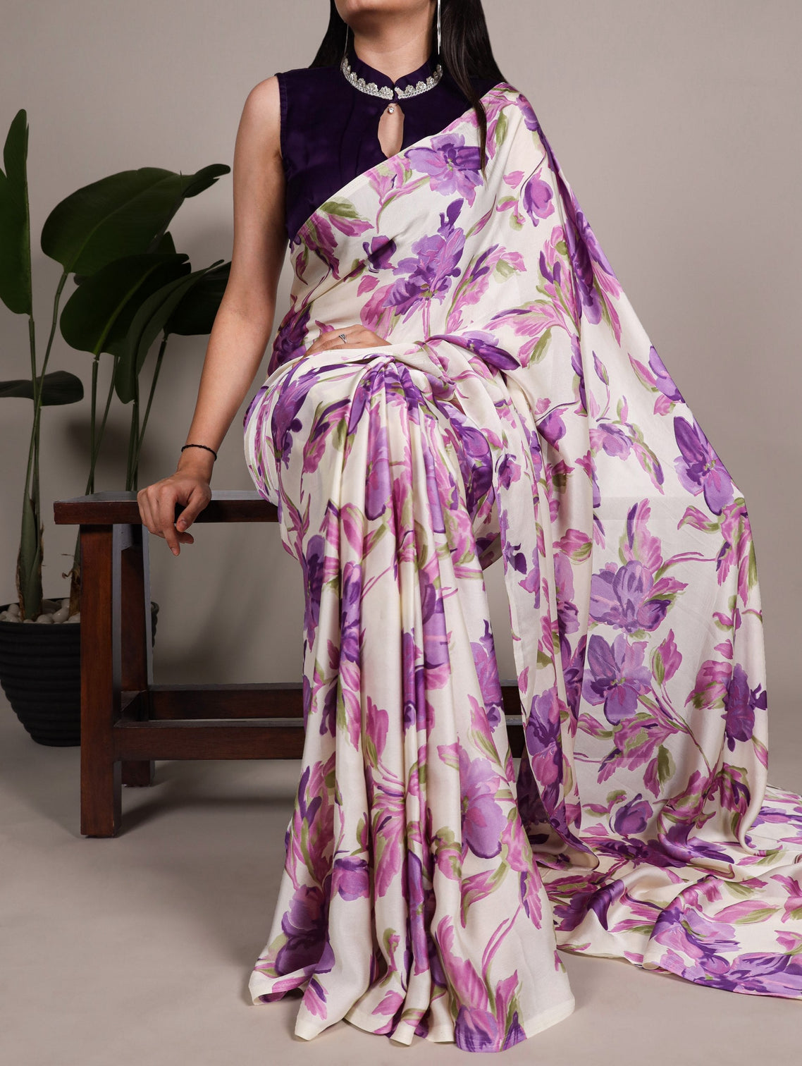 Purple Floral Printed Satin Silk Saree with Fully Stitched Adjustable Natural Silk Blouse & Lace Detailing – Party & Festive Wear