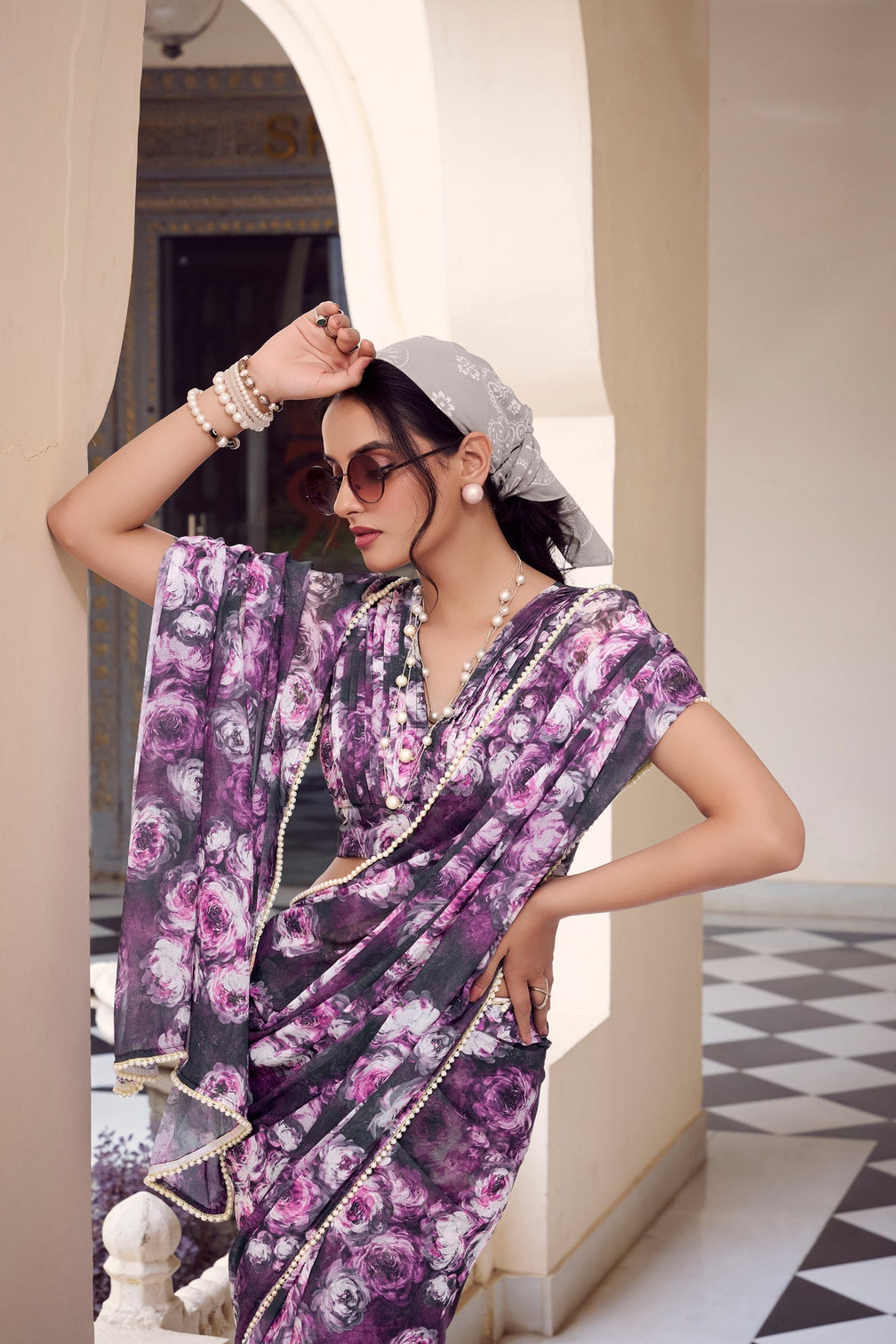 Purple Floral Printed Weightless Marble Saree with Pearl Lace Border