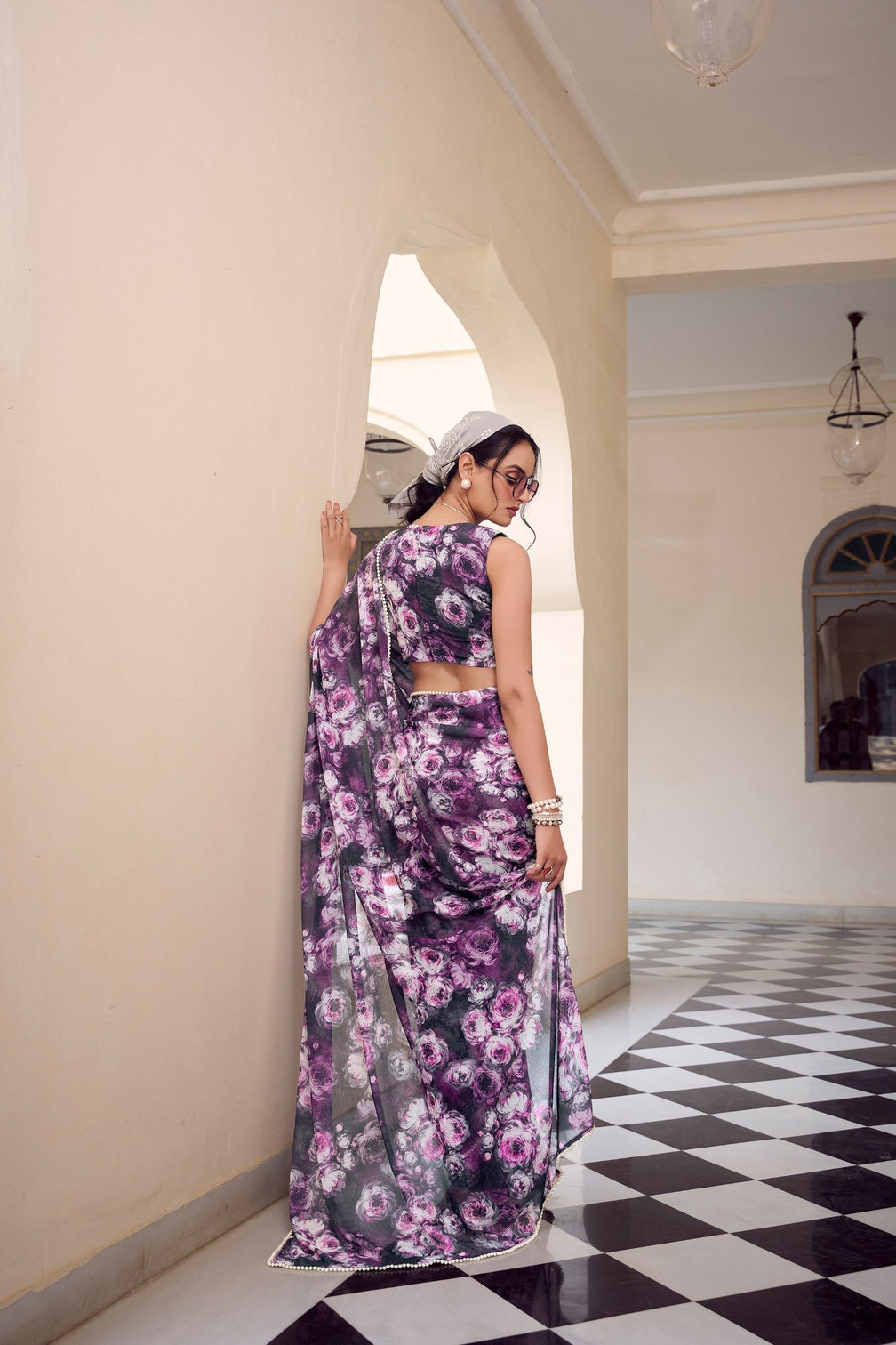 Purple Floral Printed Weightless Marble Saree with Pearl Lace Border