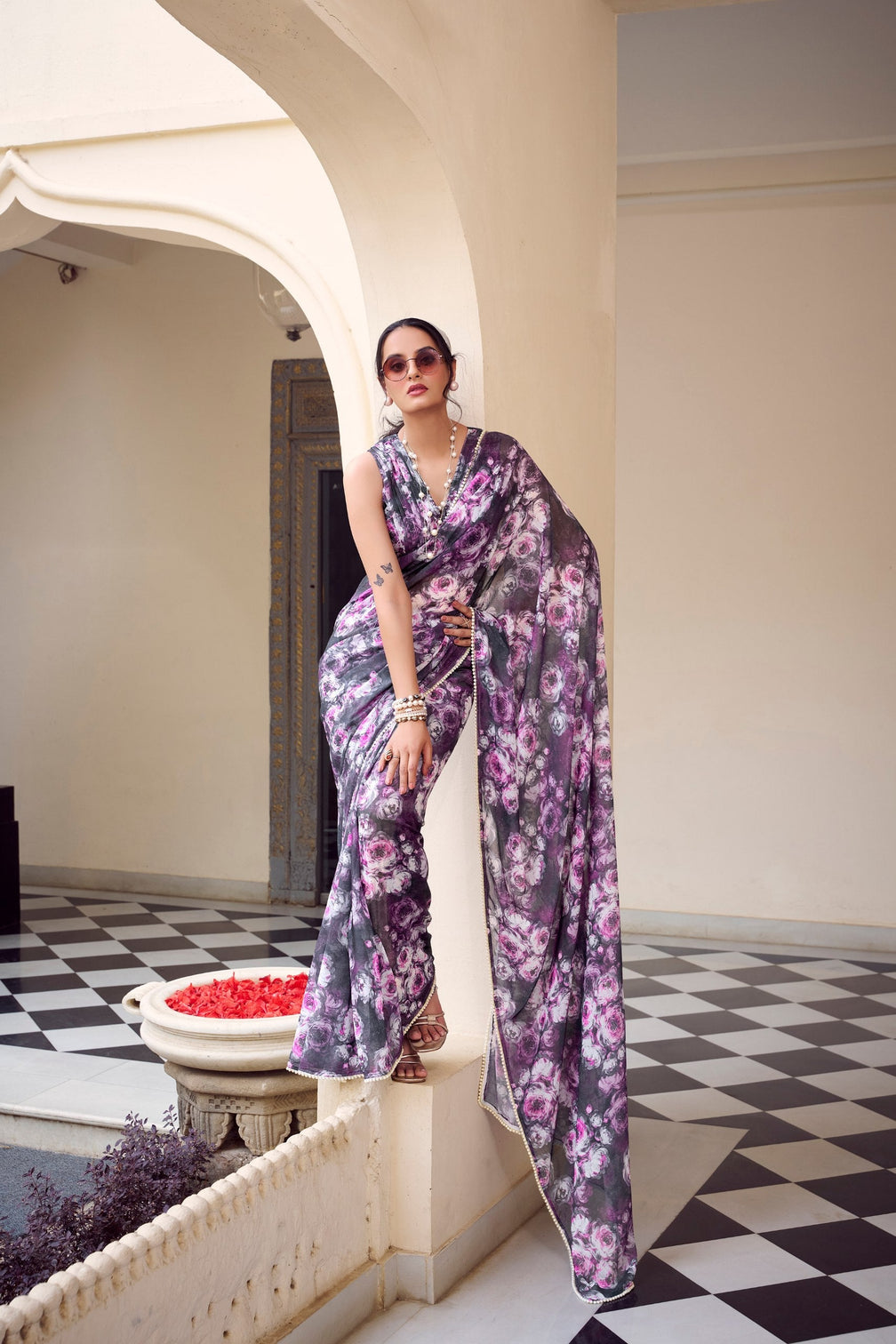 Purple Floral Printed Weightless Marble Saree with Pearl Lace Border