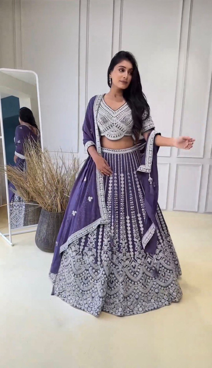 Purple Fox Georgette Semi-Stitched Lehenga Set with Coding Dori & Sequin Work