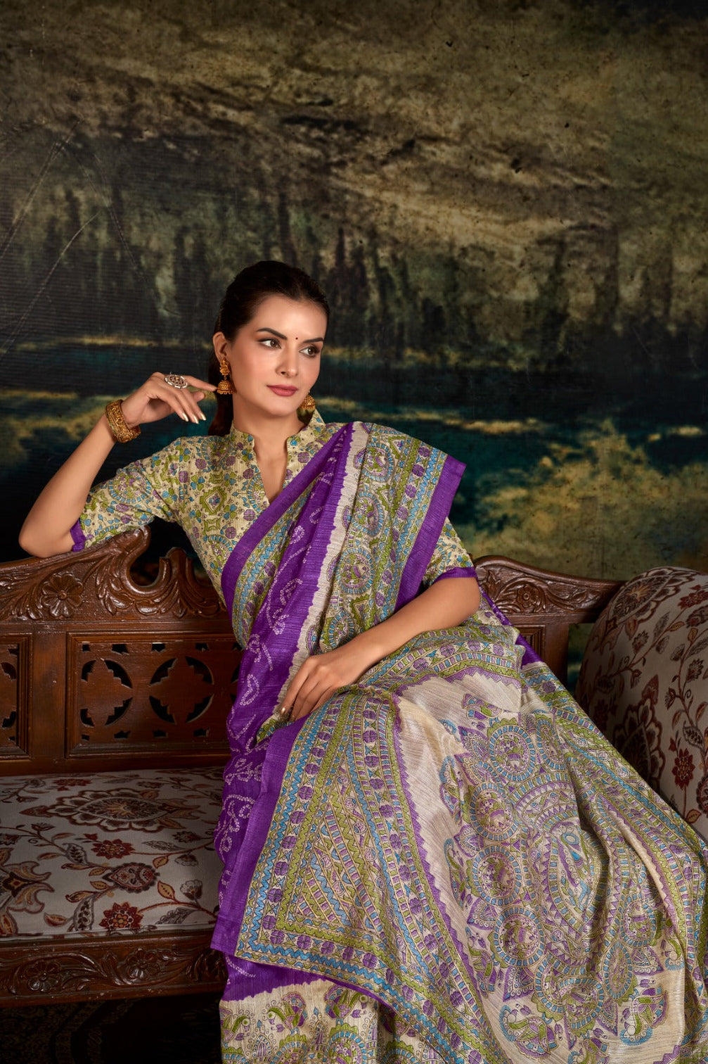 Purple Fusion of Madhubani and Bandhej Green Silk Saree with Unstitched Blouse