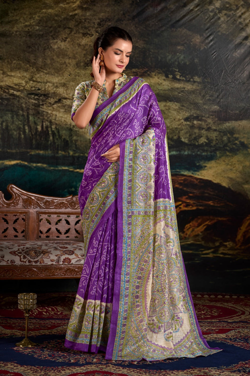 Purple Fusion of Madhubani and Bandhej Green Silk Saree with Unstitched Blouse