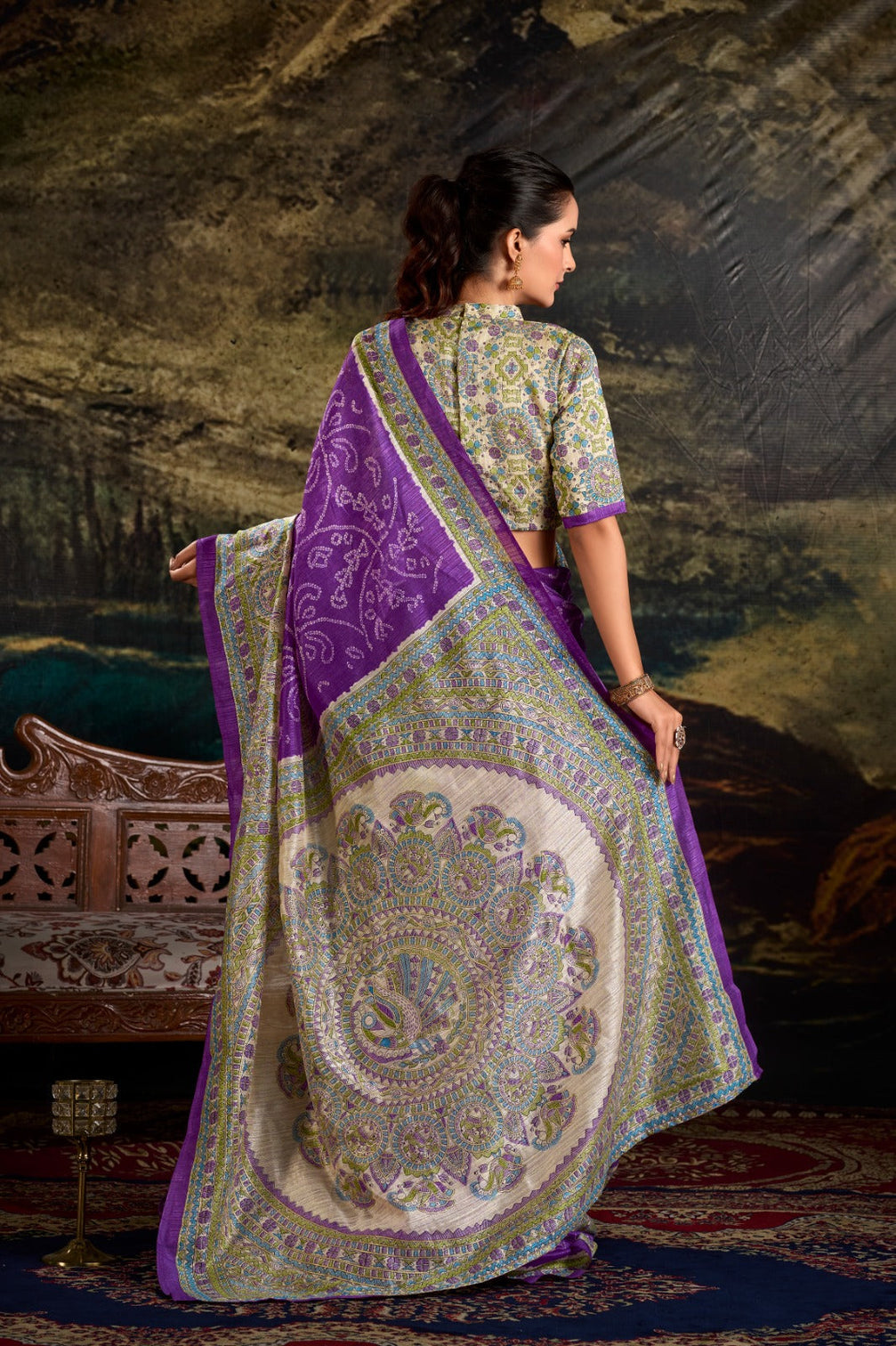 Purple Fusion of Madhubani and Bandhej Green Silk Saree with Unstitched Blouse