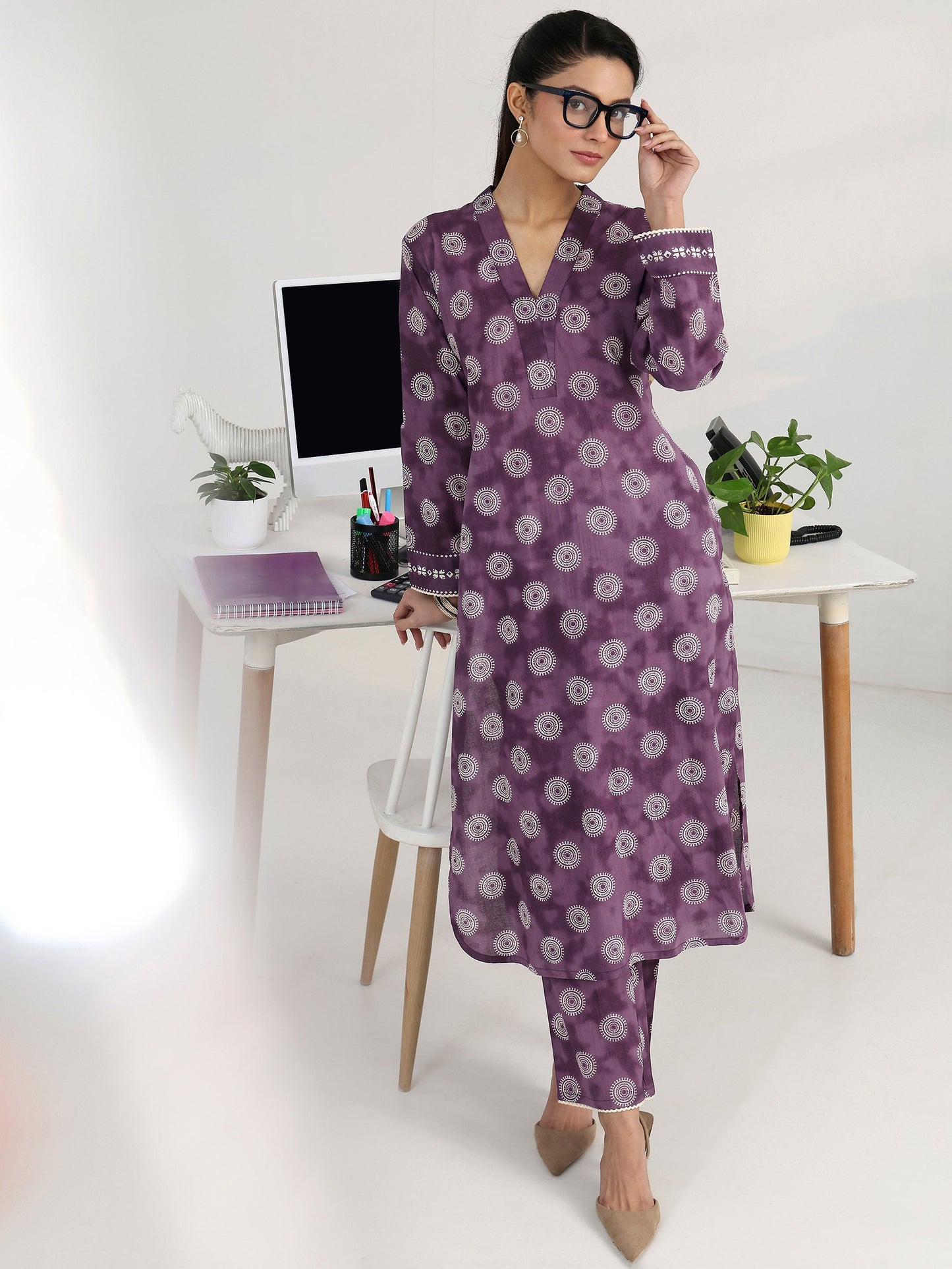 Gerua Purple Geometric Woven Design Cotton Blend Straight Kurta Set