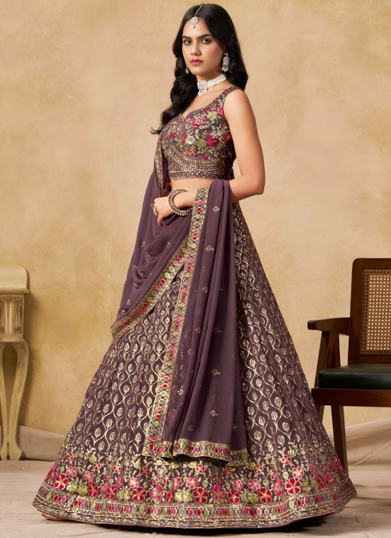 Purple Georgette Embroidered Lehenga Choli