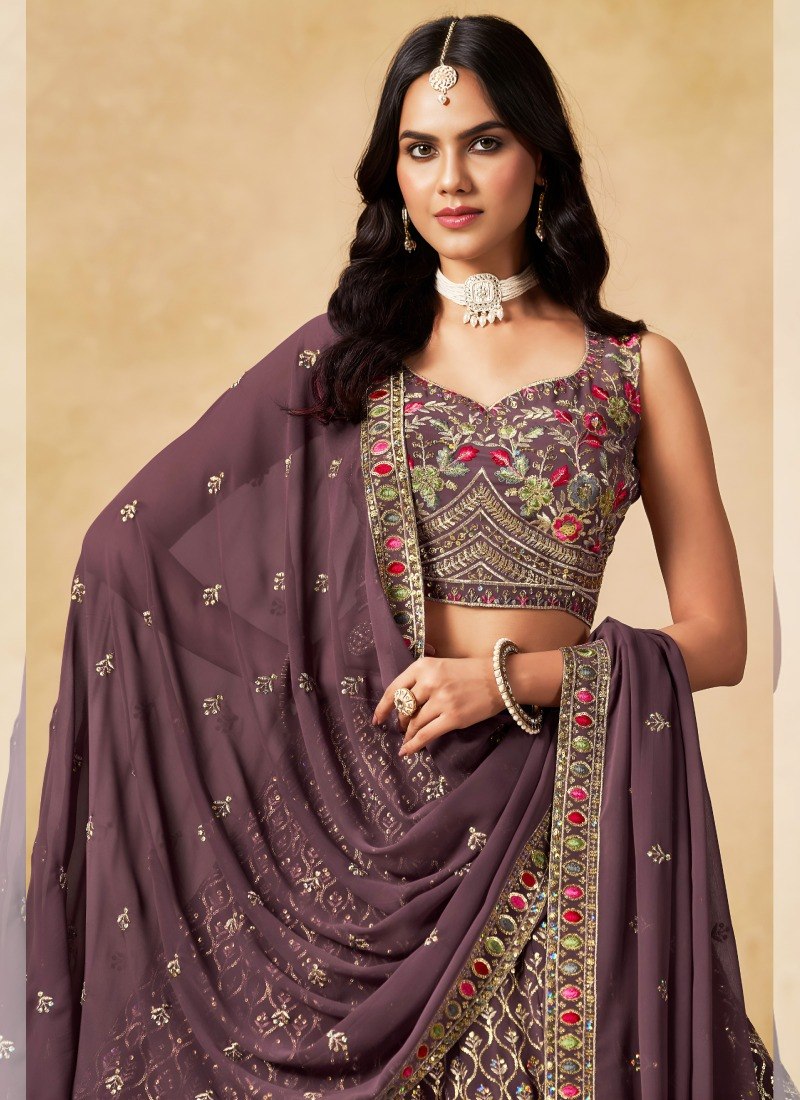Purple Georgette Embroidered Lehenga Choli