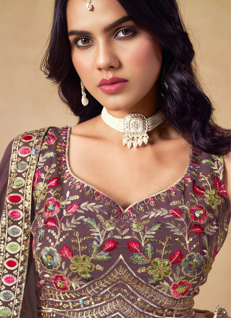 Purple Georgette Embroidered Lehenga Choli