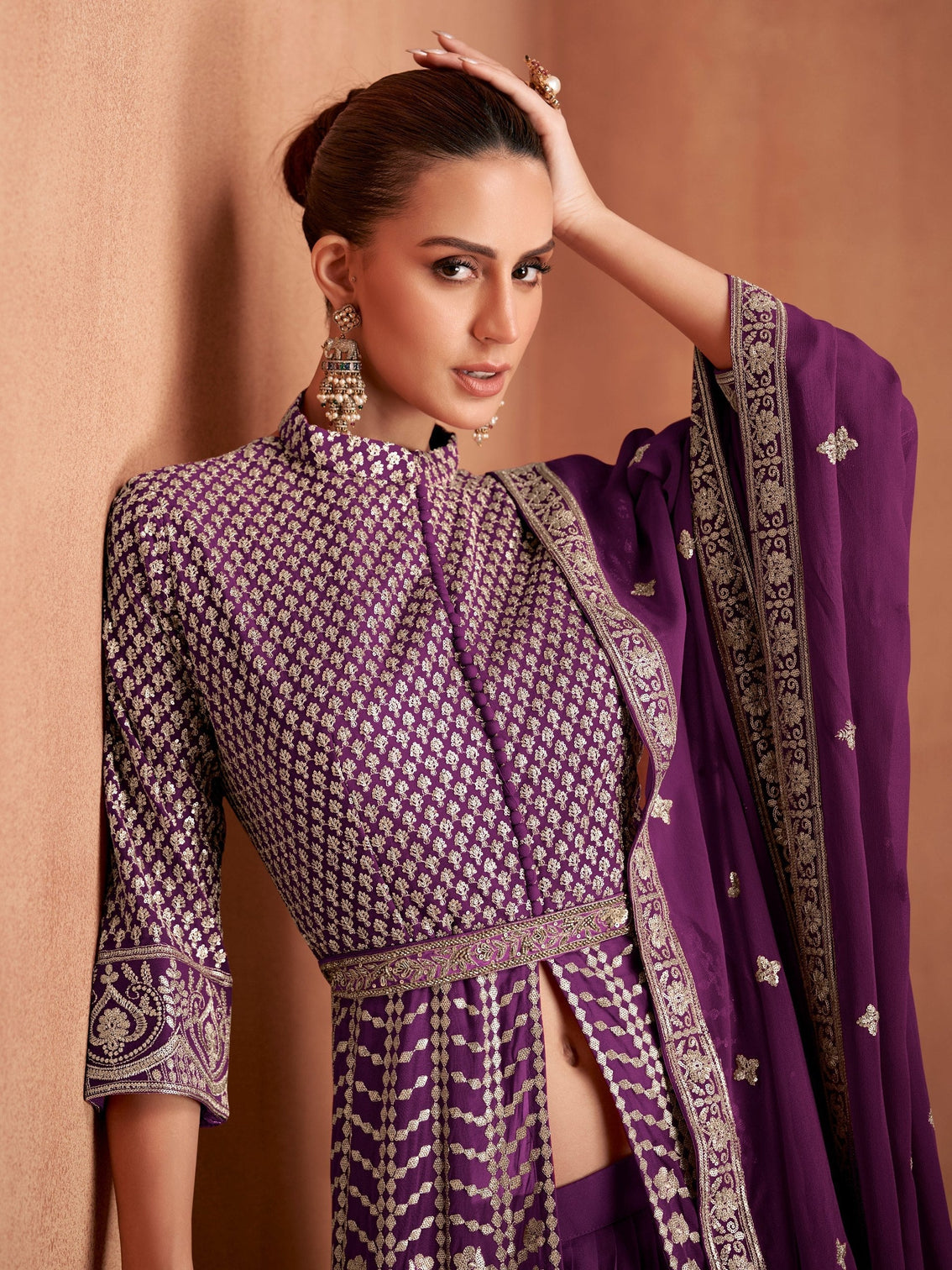 Purple Georgette Embroidered Lehenga Set