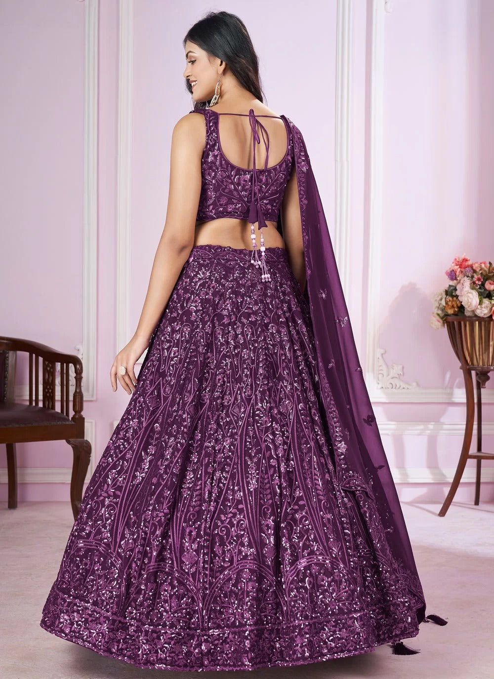 Royal purple georgette engagement lehenga with sequins embroidery work