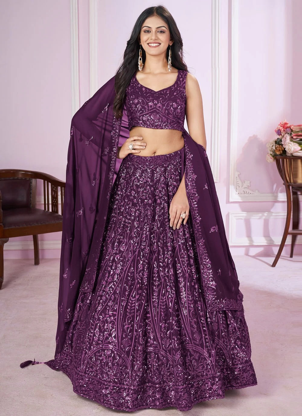 Royal purple georgette engagement lehenga with sequins embroidery work
