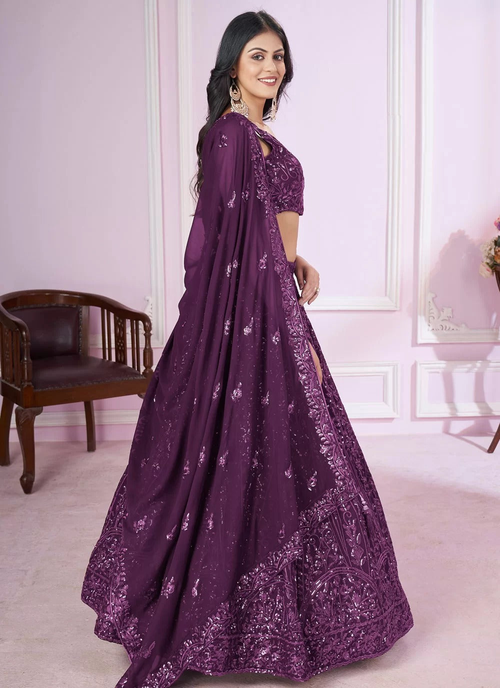 Royal purple georgette engagement lehenga with sequins embroidery work