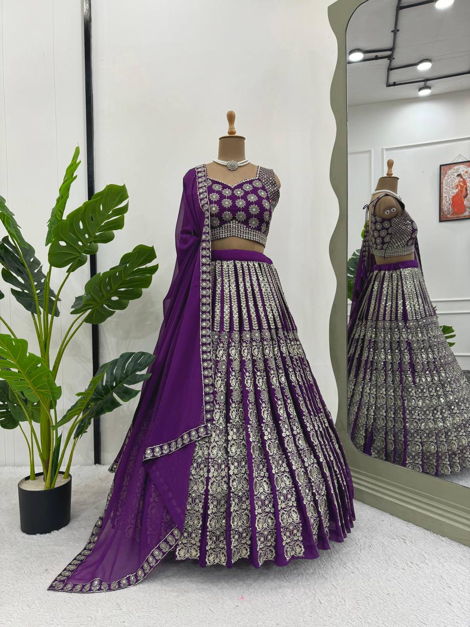Purple Glamorous Sequin Embellished Faux Georgette Lehenga Choli Set with Dupatta