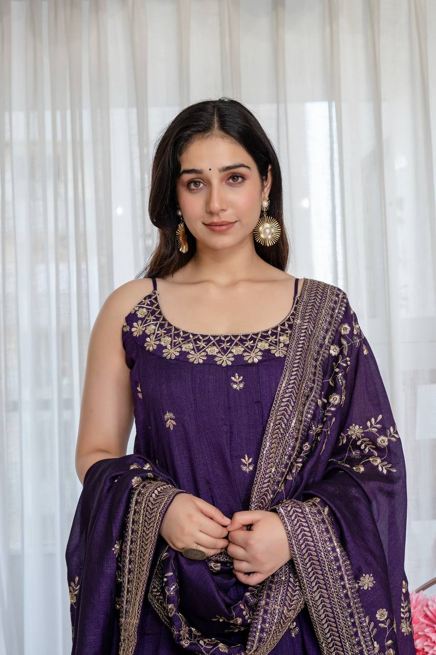 Purple Glamorous Silk Gown Set