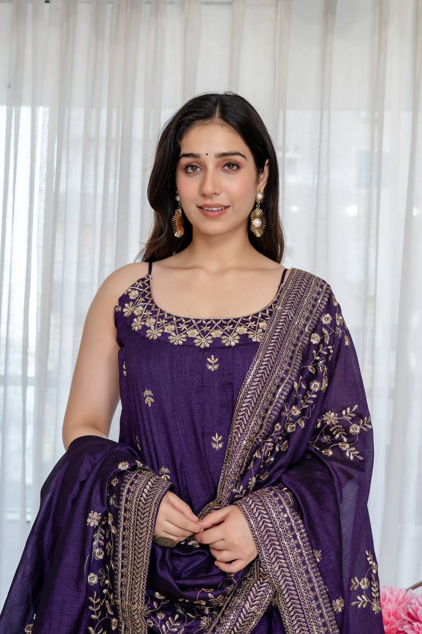 Purple Glamorous Silk Gown Set