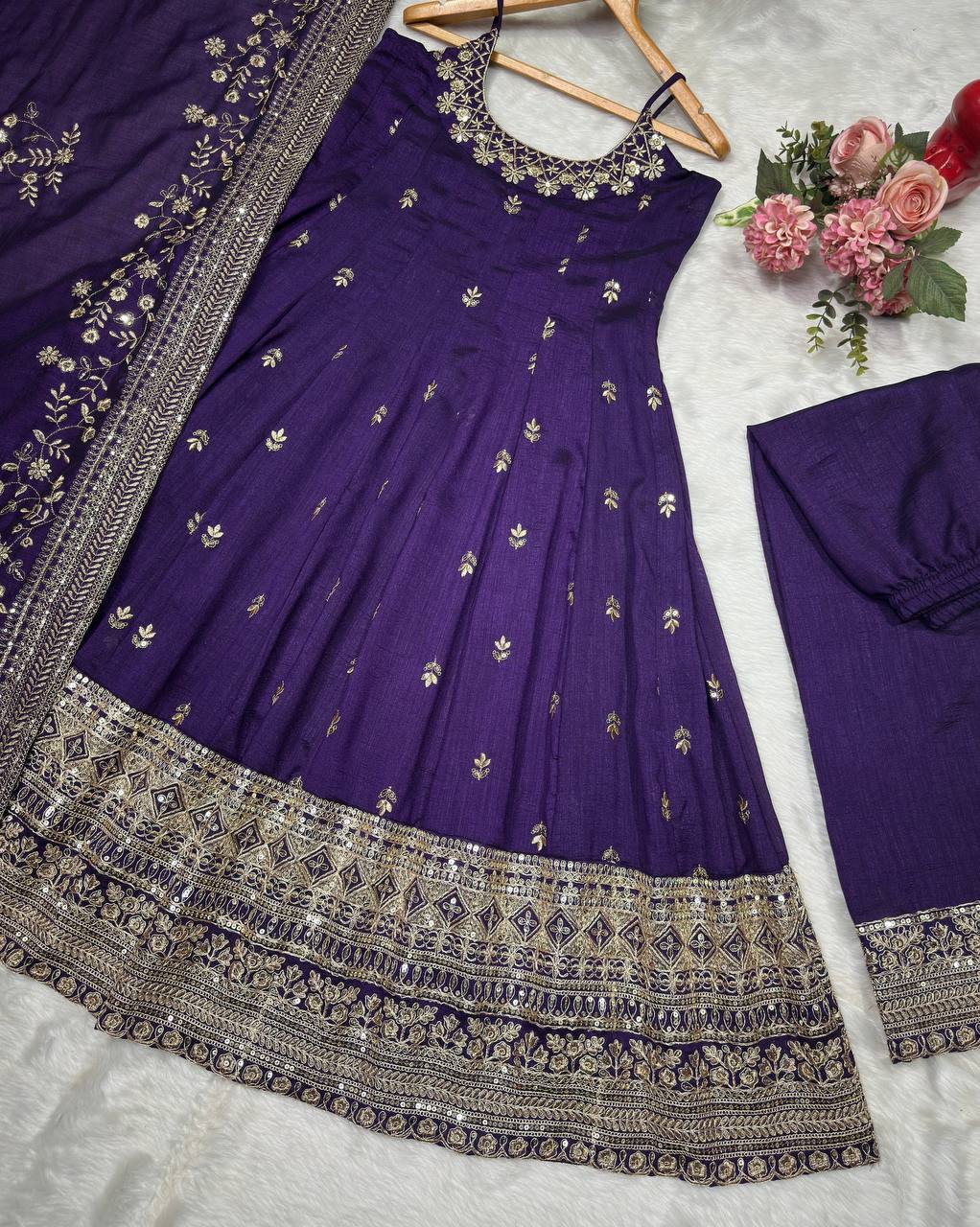 Purple Glamorous Silk Gown Set