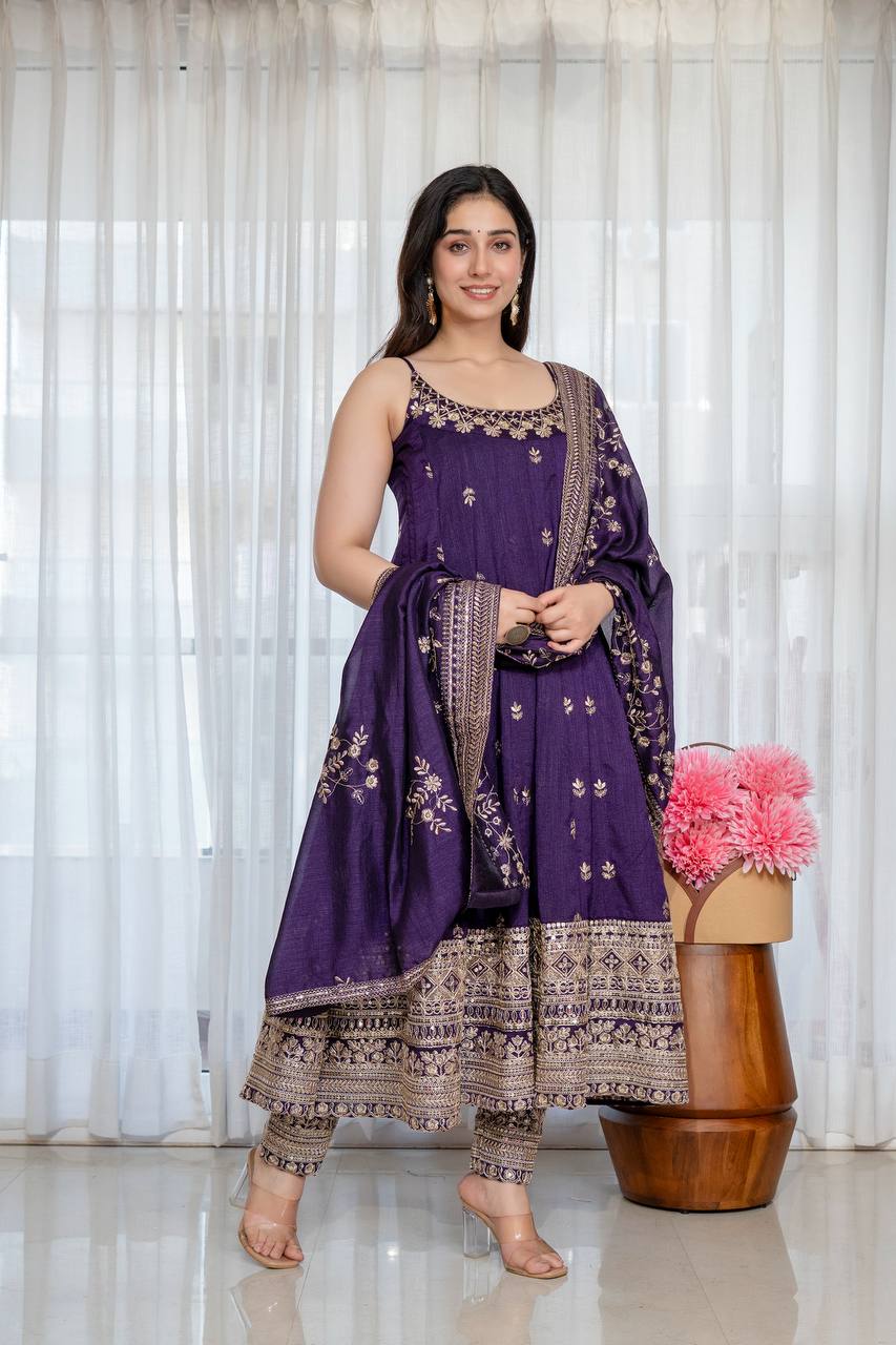 Purple Glamorous Silk Gown Set