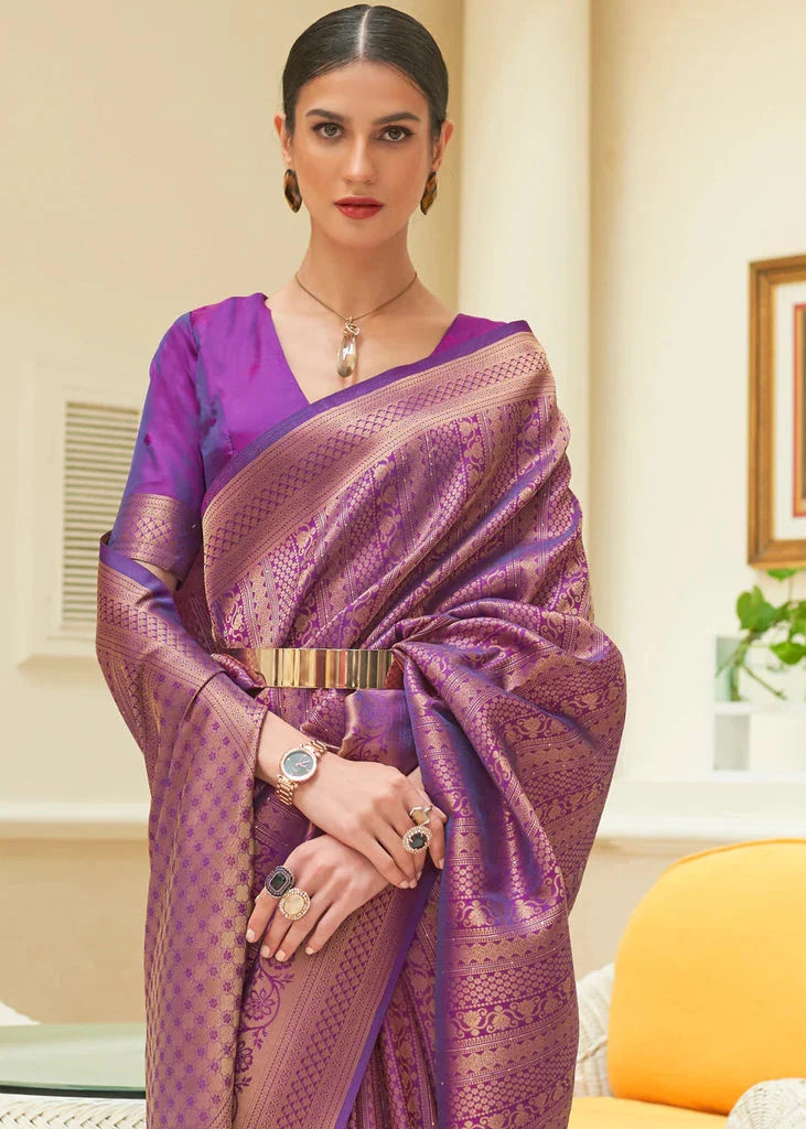 Purple Glossy Handloom Binny Silk Saree with Zari Weaving