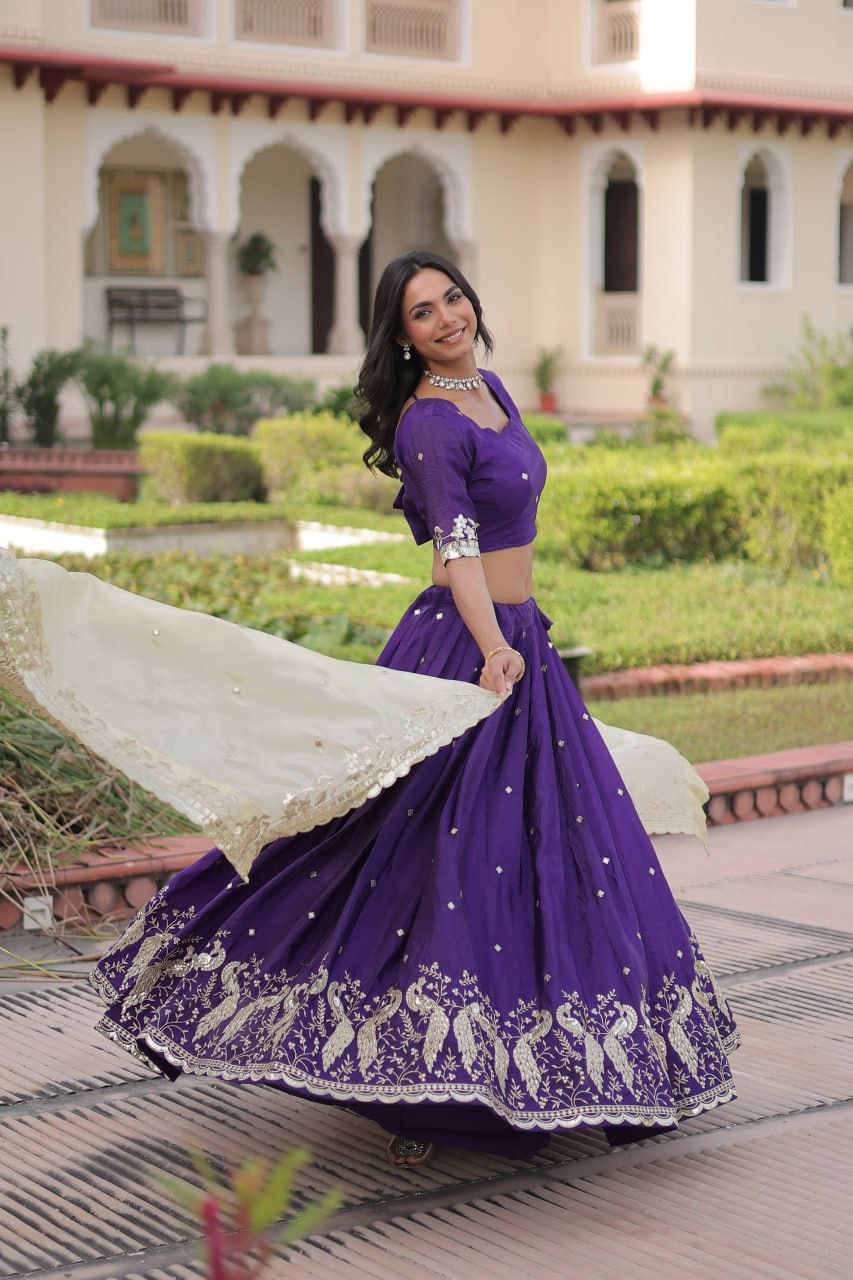 Purple Gold Crush Sequins & Zari Embroidered Lehenga Set with 3-Meter Flair, Heavy Dupatta & Unstitched Designer Blouse – Fully Stitched Festive & Wedding Wear Ensemble