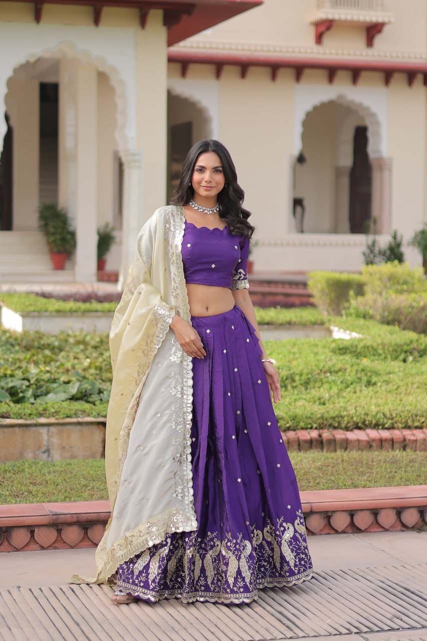Purple Gold Crush Sequins & Zari Embroidered Lehenga Set with 3-Meter Flair, Heavy Dupatta & Unstitched Designer Blouse – Fully Stitched Festive & Wedding Wear Ensemble