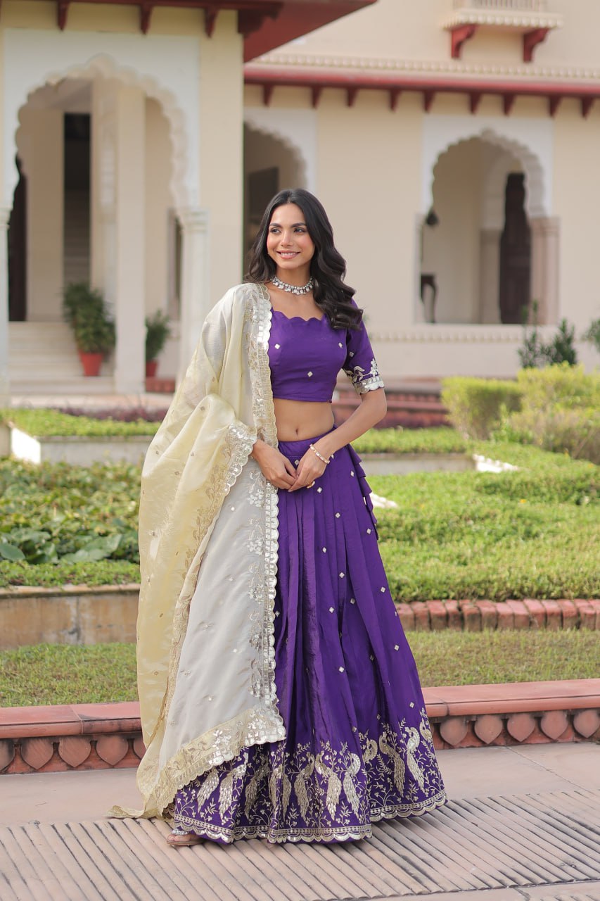 Purple Gold Crush Sequins & Zari Embroidered Lehenga Set with 3-Meter Flair, Heavy Dupatta & Unstitched Designer Blouse – Fully Stitched Festive & Wedding Wear Ensemble