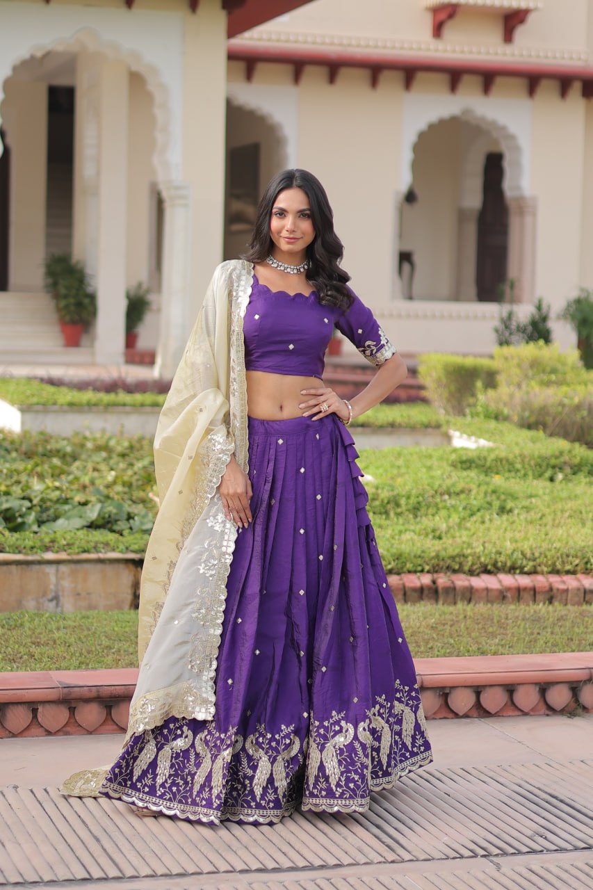 Purple Gold Crush Sequins & Zari Embroidered Lehenga Set with 3-Meter Flair, Heavy Dupatta & Unstitched Designer Blouse – Fully Stitched Festive & Wedding Wear Ensemble