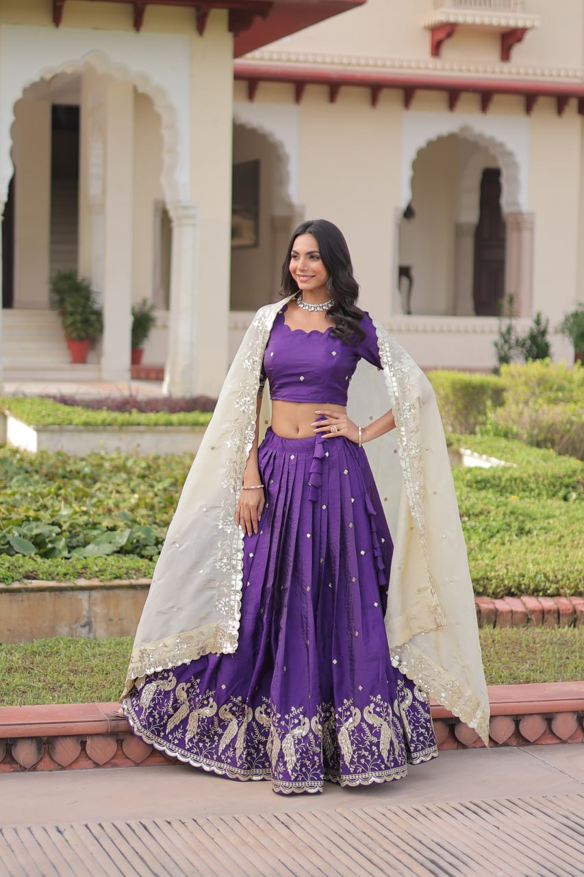 Purple Gold Crush Sequins & Zari Embroidered Lehenga Set with 3-Meter Flair, Heavy Dupatta & Unstitched Designer Blouse – Fully Stitched Festive & Wedding Wear Ensemble