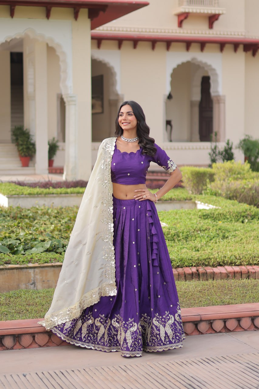Purple Gold Crush Sequins & Zari Embroidered Lehenga Set with 3-Meter Flair, Heavy Dupatta & Unstitched Designer Blouse – Fully Stitched Festive & Wedding Wear Ensemble