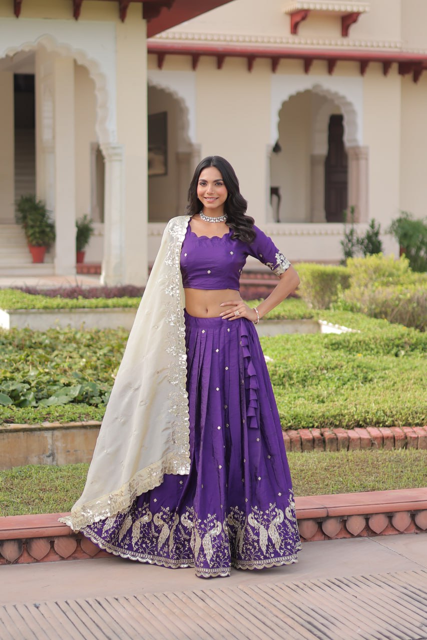 Purple Gold Crush Sequins & Zari Embroidered Lehenga Set with 3-Meter Flair, Heavy Dupatta & Unstitched Designer Blouse – Fully Stitched Festive & Wedding Wear Ensemble
