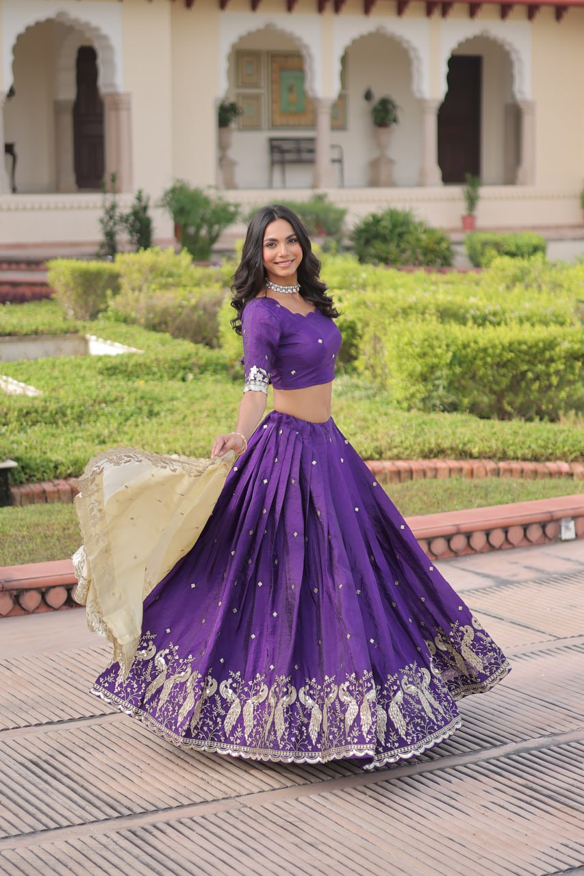 Purple Gold Crush Sequins & Zari Embroidered Lehenga Set with 3-Meter Flair, Heavy Dupatta & Unstitched Designer Blouse – Fully Stitched Festive & Wedding Wear Ensemble