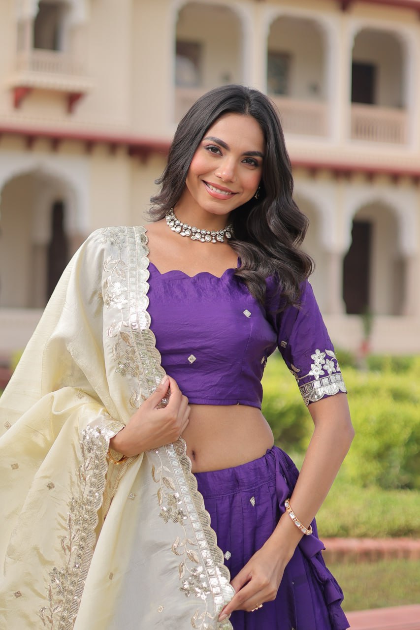 Purple Gold Crush Sequins & Zari Embroidered Lehenga Set with 3-Meter Flair, Heavy Dupatta & Unstitched Designer Blouse – Fully Stitched Festive & Wedding Wear Ensemble