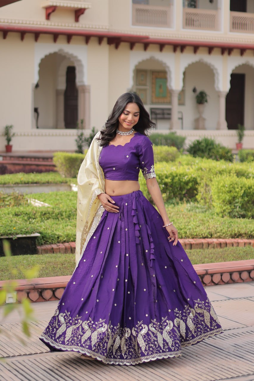 Purple Gold Crush Sequins & Zari Embroidered Lehenga Set with 3-Meter Flair, Heavy Dupatta & Unstitched Designer Blouse – Fully Stitched Festive & Wedding Wear Ensemble