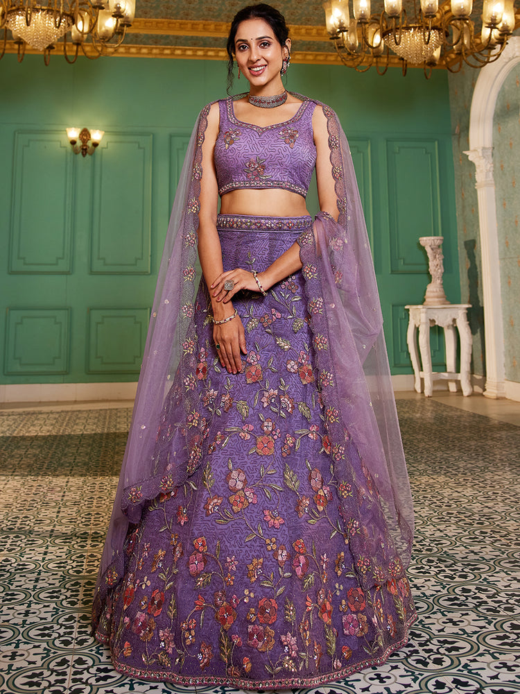 Purple Gorgeous Net Lehenga Choli Set with Heavy Sequins and Thread Embroidery