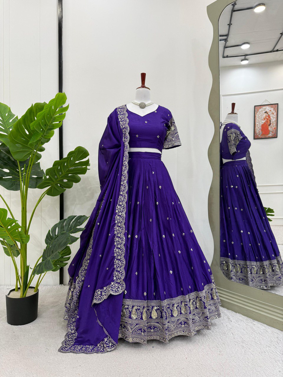 Purple Graceful Chinon Silk Lehenga Set with Sequin Embroidery & Lace-Detailed Dupatta