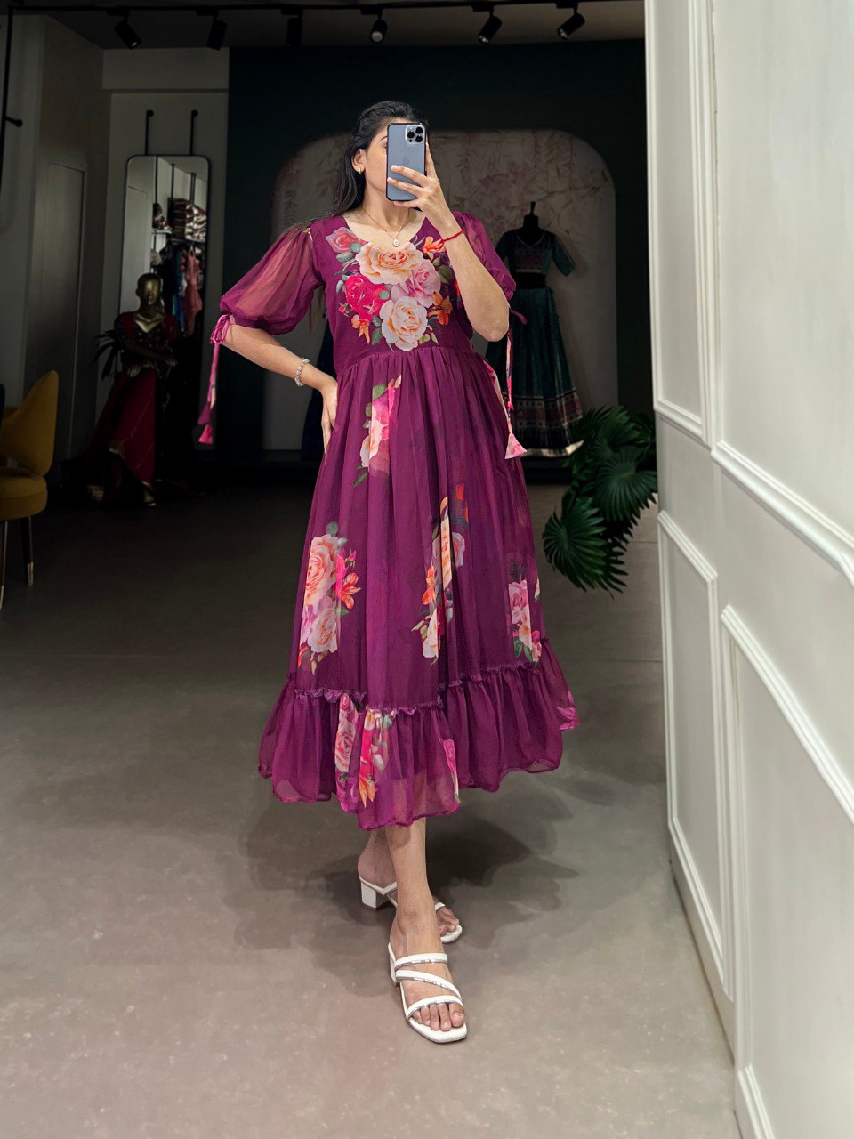 Purple Graceful Floral Georgette Frock – Ethnic Summer Collection