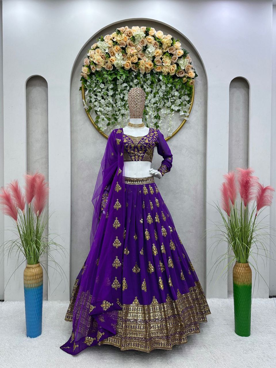Purple Graceful Fox Georgette Embroidered Lehenga Set with Net Dupatta