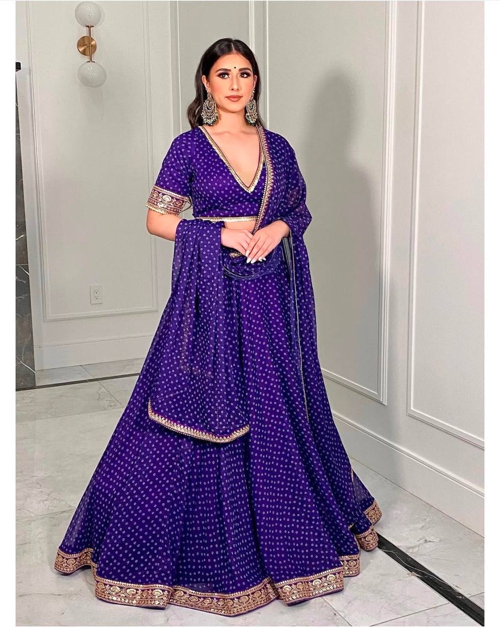 Purple Graceful Georgette Printed Lehenga Set with Zari Thread Detailing