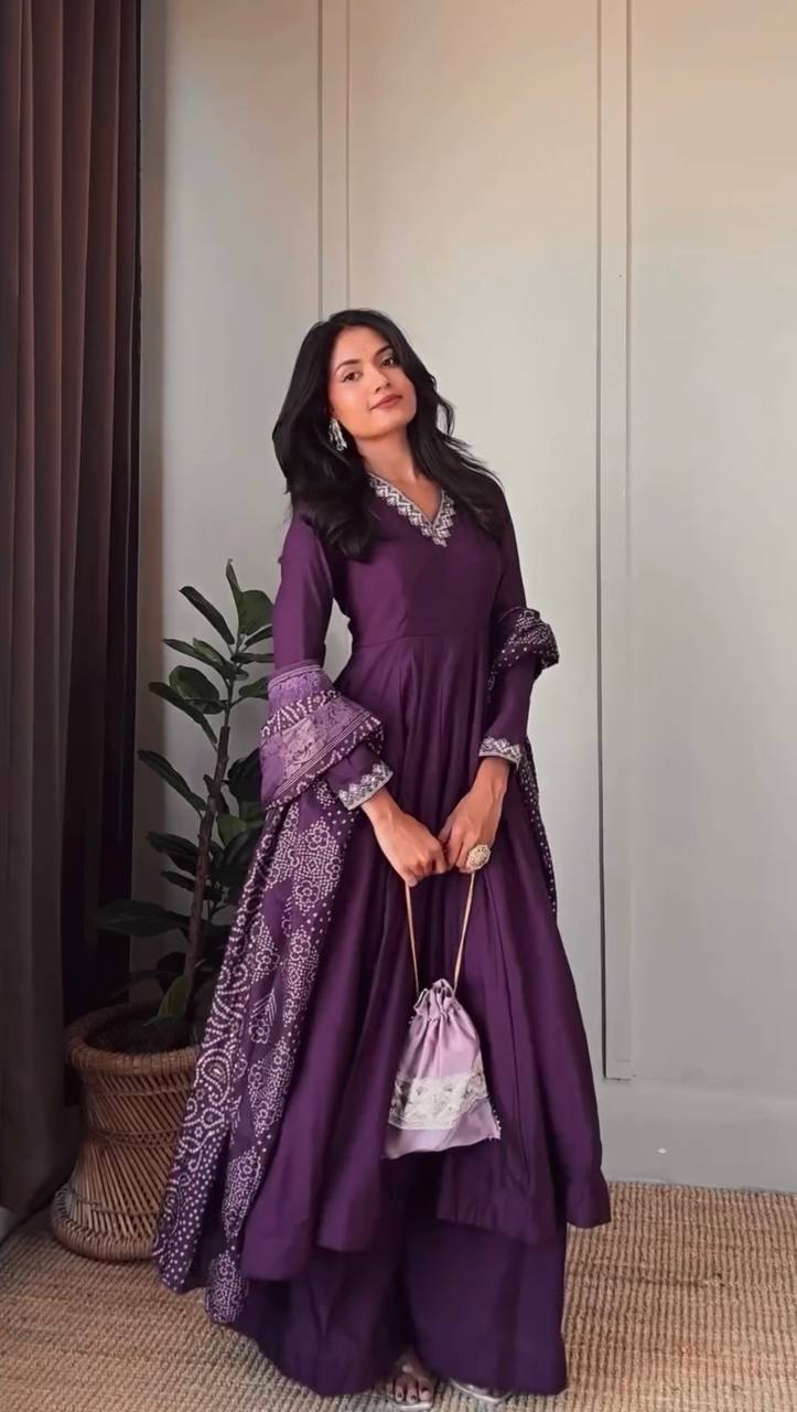 Purple Graceful Jalpari Silk Anarkali Set with Sequins Work & Chinon Silk Dupatta