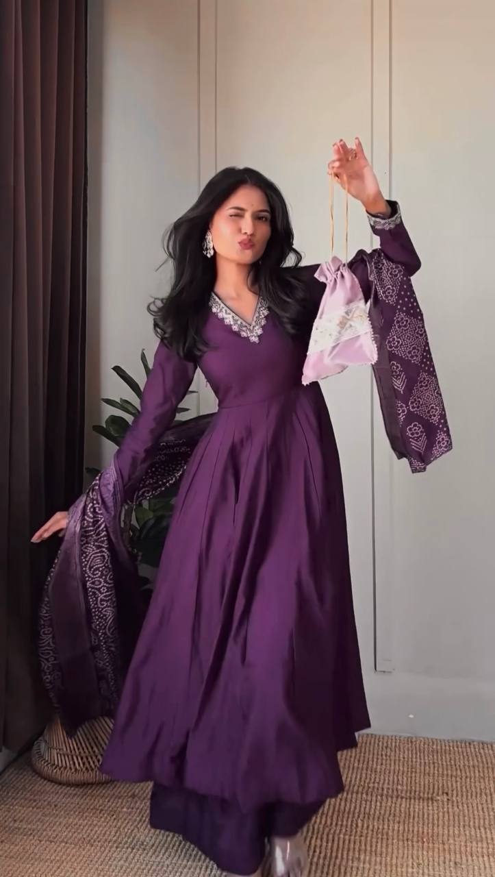 Purple Graceful Jalpari Silk Anarkali Set with Sequins Work & Chinon Silk Dupatta